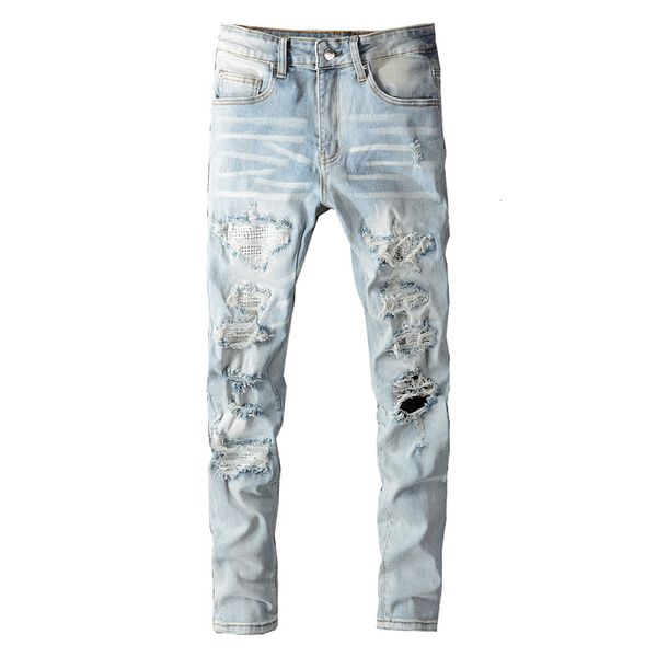 men's jeans men crystal holes ripped patchwork streetwear light blue denim slim skinny pencil pants trousers 230131
men's jeans men crystal holes ripped patchwork streetwear light blue denim slim skinny pencil pants trousers 230131