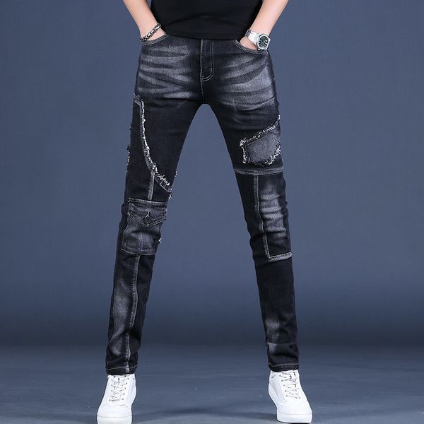men's jeans spring brand nostalgic highend washed motorcycle patch stitching black jeans men's slim stretch trend korean trousers, Blue
men's jeans spring brand nostalgic highend washed motorcycle patch stitching black jeans men's slim stretch trend korean trousers, Blue
