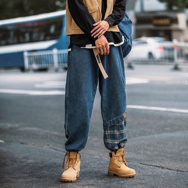 men's jeans deeptown patchwork plaid men fashion harem denim pants korean streetwear trousers male hip hop jogger loose casual ribbons, Blue
men's jeans deeptown patchwork plaid men fashion harem denim pants korean streetwear trousers male hip hop jogger loose casual ribbons, Blue