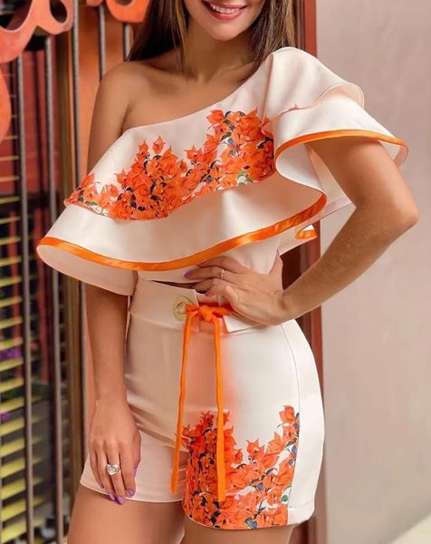 women's two piece pants floral print one shoulder ruffle hem crop shorts set 230131, White
women's two piece pants floral print one shoulder ruffle hem crop shorts set 230131, White