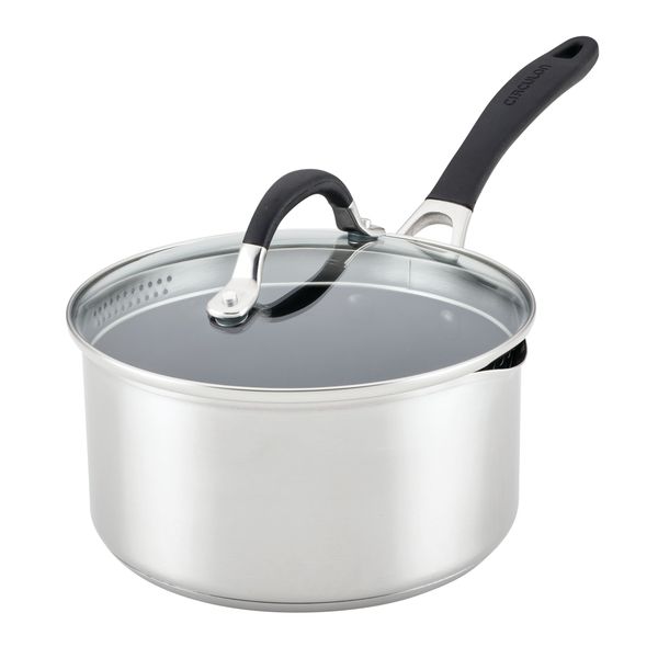 circulon steelshield stainless steel saucepan with straining lid 3 quart silver
circulon steelshield stainless steel saucepan with straining lid 3 quart silver