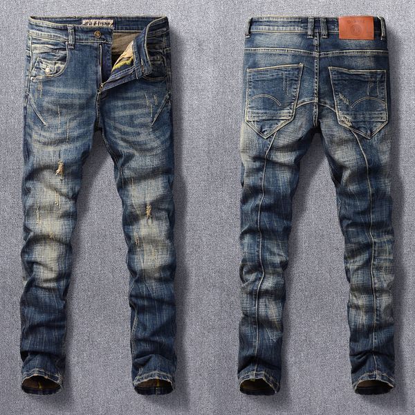men's jeans streetwear fashion retro black blue elastic slim fit ripped spliced designer hip hop denim pants hombre 230131
men's jeans streetwear fashion retro black blue elastic slim fit ripped spliced designer hip hop denim pants hombre 230131
