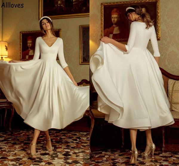 retro 1930s v neck a line wedding dresses for women solid ivory satin 3/4 long sleeves short bridal gowns plus size arabic dubai second rece, White
retro 1930s v neck a line wedding dresses for women solid ivory satin 3/4 long sleeves short bridal gowns plus size arabic dubai second rece, White