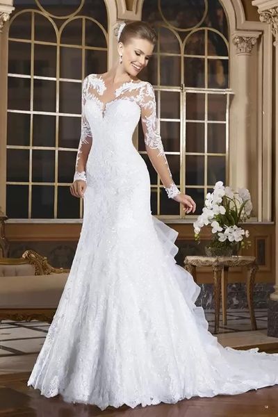 vintage long sleeves mermaid wedding dresses appliqued lace button tiered ruffles back formal bride gowns designer vestidos de novia robe ma, White
vintage long sleeves mermaid wedding dresses appliqued lace button tiered ruffles back formal bride gowns designer vestidos de novia robe ma, White