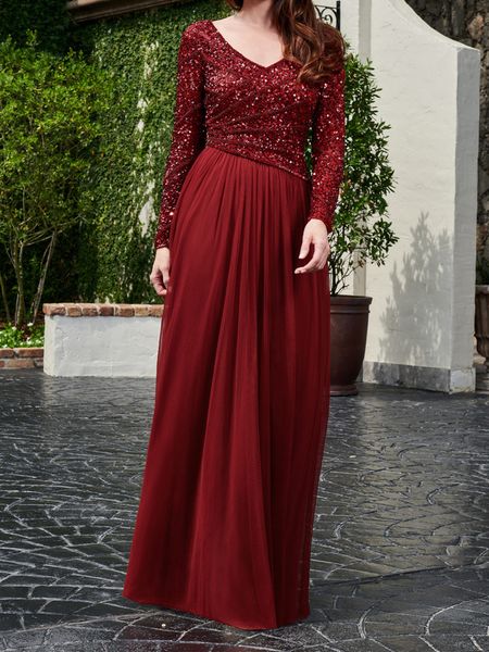 shining sequins burgundy mother of the bride dresses v-neck long sleeves party dress, Black;red
shining sequins burgundy mother of the bride dresses v-neck long sleeves party dress, Black;red
