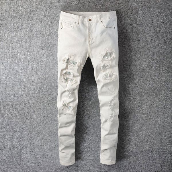 men's jeans white crystal holes ripped fashion slim skinny stretch denim pants hole patch tight jean 230131, Blue
men's jeans white crystal holes ripped fashion slim skinny stretch denim pants hole patch tight jean 230131, Blue