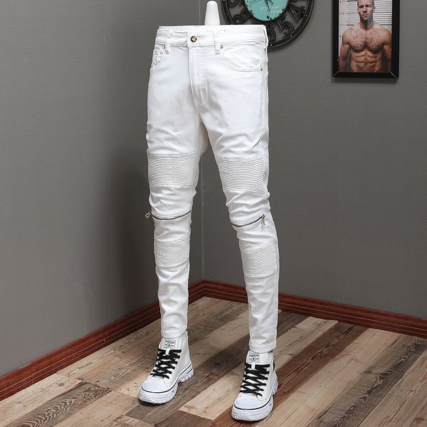 men's jeans street fashion white color elastic slim fit spliced biker punk trousers zipper designer hip hop pants hombre 230131, Blue
men's jeans street fashion white color elastic slim fit spliced biker punk trousers zipper designer hip hop pants hombre 230131, Blue