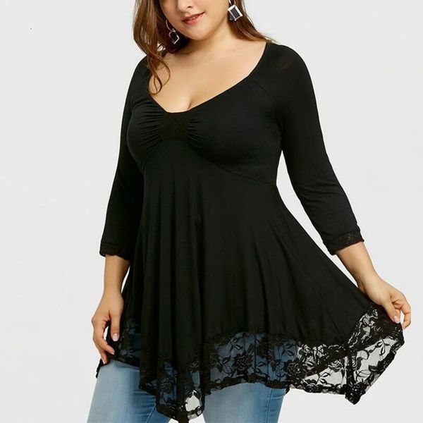 women's plus size tshirt large blusas fashion v neck three quarter sleeve lace patchwork irregular long blouse 5xl clothing 230131, Black
women's plus size tshirt large blusas fashion v neck three quarter sleeve lace patchwork irregular long blouse 5xl clothing 230131, Black