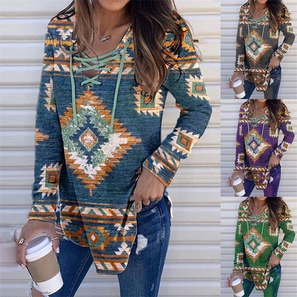 women's tshirt womens ethnic style print laceup blouse casual long sleeve loose tshirts 230130, White
women's tshirt womens ethnic style print laceup blouse casual long sleeve loose tshirts 230130, White