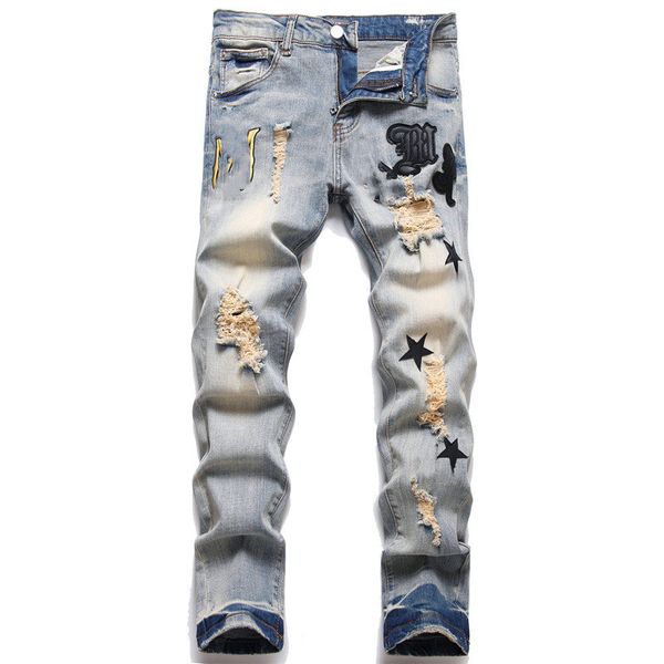 men's jeans slim fit elastic feet men's cotton balloon embroidered leather mark with hole star retro men's jeans from europe, Blue
men's jeans slim fit elastic feet men's cotton balloon embroidered leather mark with hole star retro men's jeans from europe, Blue