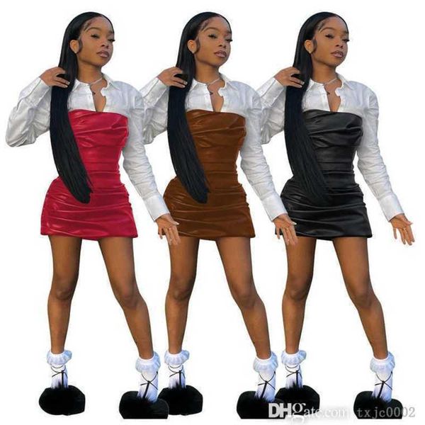 designer autumn casual dress women shirt dresses spliced leather long sleeve skirt pleated fake two piece punk style, Black;gray
designer autumn casual dress women shirt dresses spliced leather long sleeve skirt pleated fake two piece punk style, Black;gray