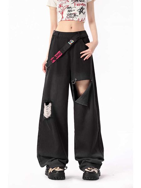 black distressed jeans for women in summer, thin american fashion label, small, loose fitting, straight tube, wide leg, long pants, Blue
black distressed jeans for women in summer, thin american fashion label, small, loose fitting, straight tube, wide leg, long pants, Blue
