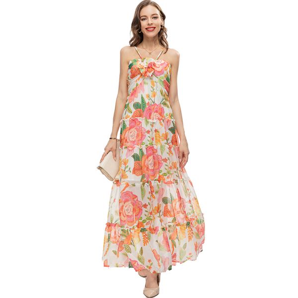 women's runway dresses halter floral printed fashion high street summer holiday long vestidos, Black
women's runway dresses halter floral printed fashion high street summer holiday long vestidos, Black