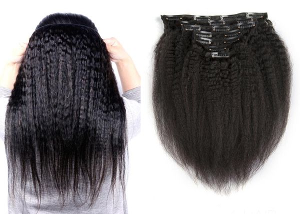 natural black kinky straight clips in brazilian human hair extensions 120g 8pcsset coarse yaki clip ins machine made remy2313664, Black;brown