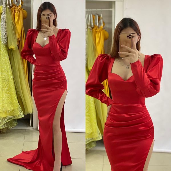 elegant red mermaid evening dresses long sleeves party prom dress pleats split long dress for special occasion, Black;red
elegant red mermaid evening dresses long sleeves party prom dress pleats split long dress for special occasion, Black;red