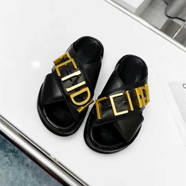 family leather slippers women wear summer new metal alphabet toe sandals with thick soles, Black
family leather slippers women wear summer new metal alphabet toe sandals with thick soles, Black