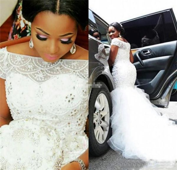 african plus size mermaid wedding dresses bateau beaded pearls sheer bateau neck wedding gowns with cap sleeves bridal dress8890021, White
african plus size mermaid wedding dresses bateau beaded pearls sheer bateau neck wedding gowns with cap sleeves bridal dress8890021, White