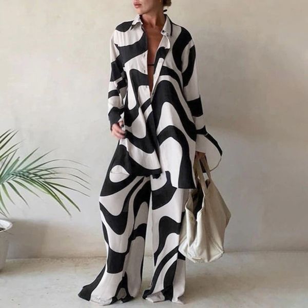 women's jumpsuits rompers spring lapel long sleeve shirt and wide leg pants suits casual graphic print loose two piece set women irregu, Black;white
women's jumpsuits rompers spring lapel long sleeve shirt and wide leg pants suits casual graphic print loose two piece set women irregu, Black;white