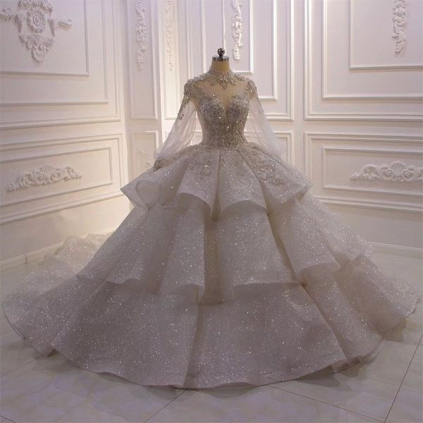 luxury ball gown royal wedding dresses high neck long sleeve robe de mariee lace beaded tiered princess glitter vestido de novia, White
luxury ball gown royal wedding dresses high neck long sleeve robe de mariee lace beaded tiered princess glitter vestido de novia, White