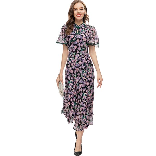 women's runway dresses mandarin collar short sleeves floral printed piping vintage elegant vestidos, Black
women's runway dresses mandarin collar short sleeves floral printed piping vintage elegant vestidos, Black