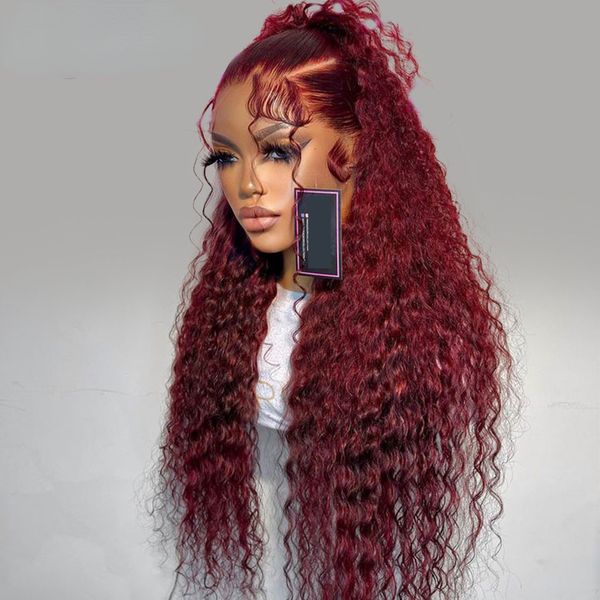 

99j Burgundy 13x4 Hd Lace Water Wave Frontal Wigs Human Hair Glueless Red Colored Brazilian Wigs 36 Inch Deep Wave Wig, Customize
