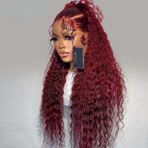 

99j Burgundy 13x4 Hd Lace Water Wave Frontal Wigs Human Hair Glueless Red Colored Brazilian Wigs 36 Inch Deep Wave Wig, Customize