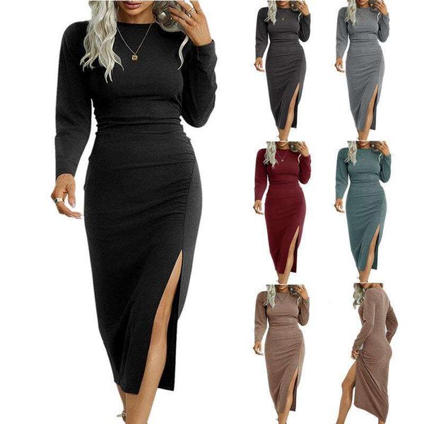 autumn and winter womens clothing pure color round neck figure fitting long sleeved dress with a slit temperament, Black;gray
autumn and winter womens clothing pure color round neck figure fitting long sleeved dress with a slit temperament, Black;gray