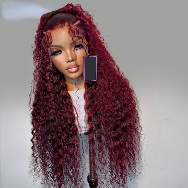 

99j burgundy 13x4 hd lace water wave frontal wigs human hair glueless red colored brazilian wigs 36 inch deep wave wig, Black;brown
