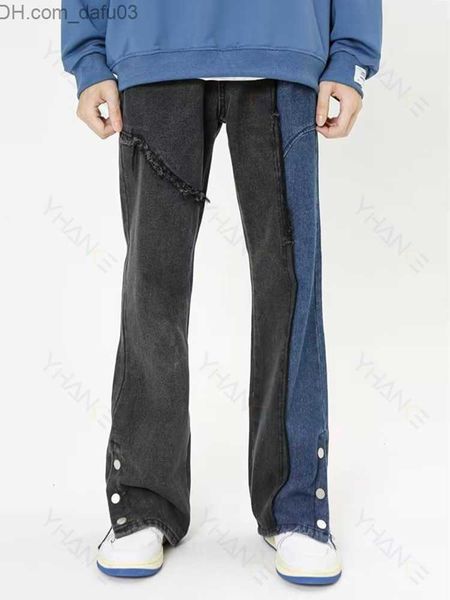 men's jeans men's jeans vintage street wear stitching button washed microflare overalls men's retro hip hop patchwork denim j, Blue 
men's jeans men's jeans vintage street wear stitching button washed microflare overalls men's retro hip hop patchwork denim j, Blue