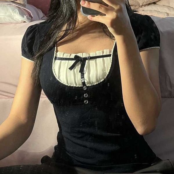 women's t-shirt xingqing 2022 summer vintage bow ruffle patchwork t shirt y2k women grunge square neck aesthetic korean short sleeve cr, White
women's t-shirt xingqing 2022 summer vintage bow ruffle patchwork t shirt y2k women grunge square neck aesthetic korean short sleeve cr, White
