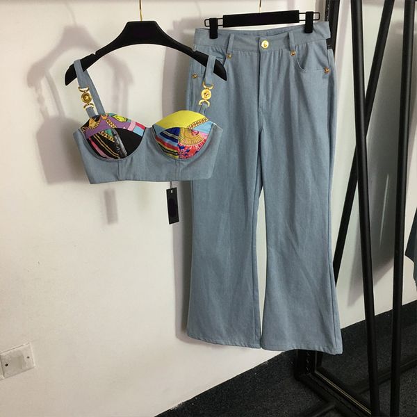 women halter denim pants set outdoor party denim halter jeans leg pants set casual vintage printing short sleeve long trousers two piece set, Gray
women halter denim pants set outdoor party denim halter jeans leg pants set casual vintage printing short sleeve long trousers two piece set, Gray