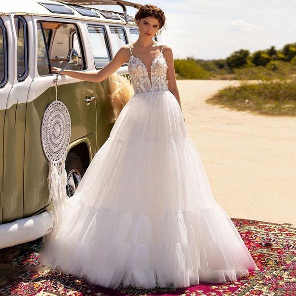 a line tiered skirts spaghetti beach wedding dress 3d flower lace appliques bridal wedding gown with sweep, White
a line tiered skirts spaghetti beach wedding dress 3d flower lace appliques bridal wedding gown with sweep, White