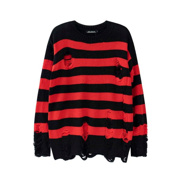 men's sweaters high street retro punk red and black stripes autumn sweater men loose ripped hole tassel pullover round neck casual clot, White;black
men's sweaters high street retro punk red and black stripes autumn sweater men loose ripped hole tassel pullover round neck casual clot, White;black