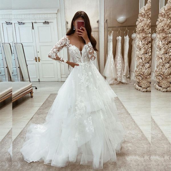 flowers appliques tiered skirts wedding dress long sleeve beach bridal gown illusion bodice wedding dresses for bride, White
flowers appliques tiered skirts wedding dress long sleeve beach bridal gown illusion bodice wedding dresses for bride, White