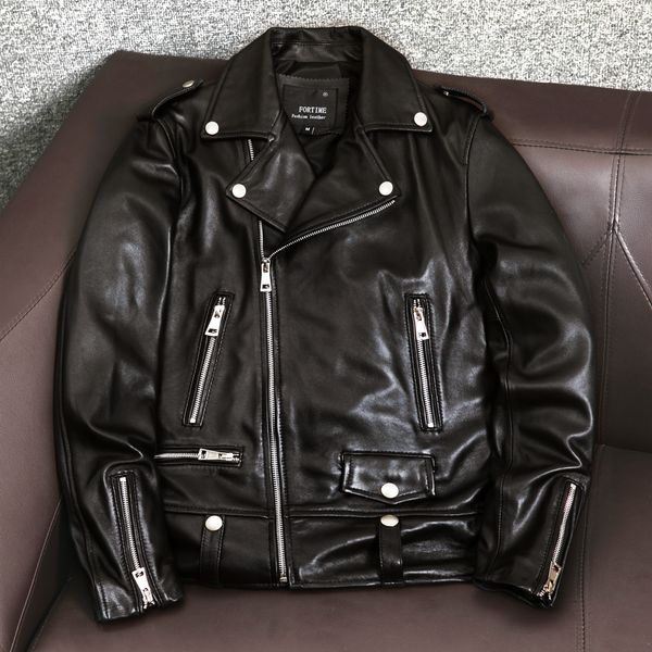 men's slim fit short motorcycle leather jacket with turn down collar youth style men genuine leather biker outerwear new arrival, Black
men's slim fit short motorcycle leather jacket with turn down collar youth style men genuine leather biker outerwear new arrival, Black
