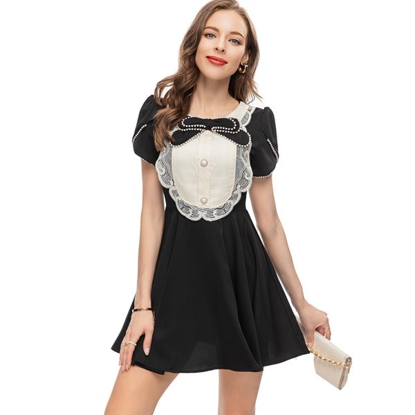 women's runway dresses o neck short sleeves beaded bow detailing patchwork fashion mini vestidos, Black
women's runway dresses o neck short sleeves beaded bow detailing patchwork fashion mini vestidos, Black