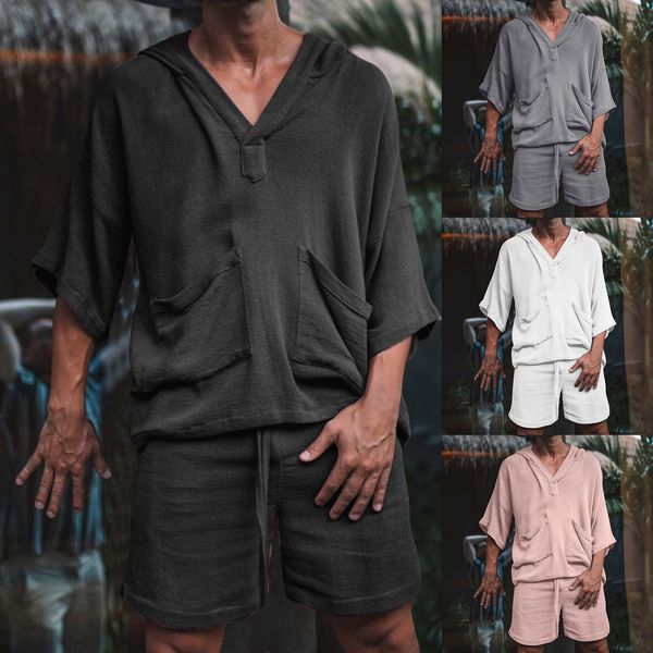 casual cotton linen solid loose outfits summer half sleeve v-neck t-shirt and shorts suits for mens, Gray
casual cotton linen solid loose outfits summer half sleeve v-neck t-shirt and shorts suits for mens, Gray