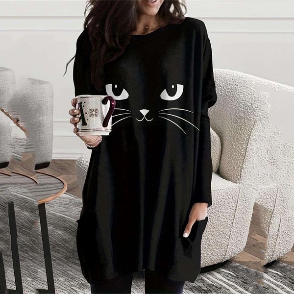 autumn pure color sweater round necklace long sleeve pocket womens cute cat print dress, Black;gray
autumn pure color sweater round necklace long sleeve pocket womens cute cat print dress, Black;gray