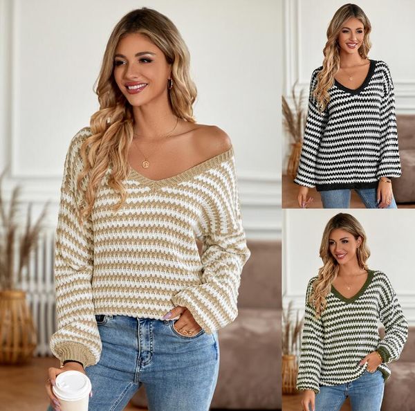 women's sweaters 2023 winter casual women's v-neck loose stripe long sleeve sweater fashion knitted women's top, White;black
women's sweaters 2023 winter casual women's v-neck loose stripe long sleeve sweater fashion knitted women's top, White;black