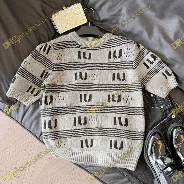 striped knitted t shirt designer wool sweater full letter jacquard short sleeve sweaters miu women crew neck pullover top, Black
striped knitted t shirt designer wool sweater full letter jacquard short sleeve sweaters miu women crew neck pullover top, Black