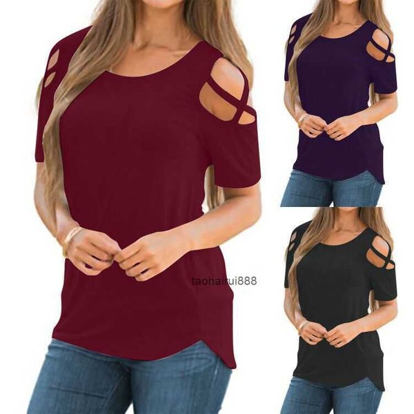 summer new t-shirt solid cotton casual perforated shoulder lace up t-shirt women, White
summer new t-shirt solid cotton casual perforated shoulder lace up t-shirt women, White