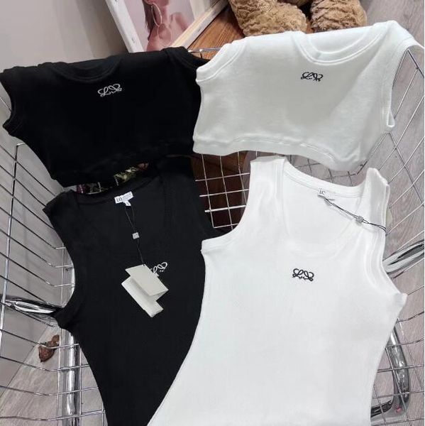 embroidery logo tank summer short slim navel exposed outfit elastic sports knitted tanks, White 
embroidery logo tank summer short slim navel exposed outfit elastic sports knitted tanks, White