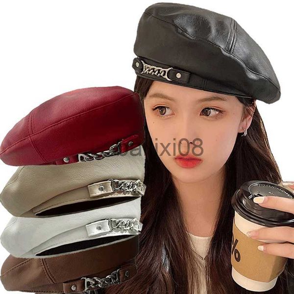 stingy brim hats fashion autumn winter hip hop chain pu leather beret women's pure color retro octagonal hat versatile painter cap j230, Blue;gray
stingy brim hats fashion autumn winter hip hop chain pu leather beret women's pure color retro octagonal hat versatile painter cap j230, Blue;gray