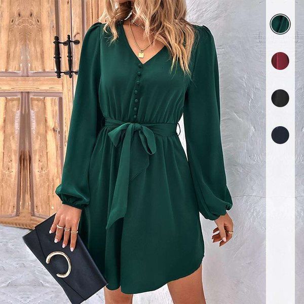 womens spring and summer v neck long sleeved dress, Black;gray