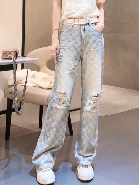 trendy brand distressed jeans for women's summer new european design, high and slim, retro high waisted straight leg wide leg pants, White
trendy brand distressed jeans for women's summer new european design, high and slim, retro high waisted straight leg wide leg pants, White