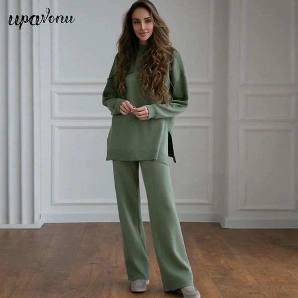 women s two piece pants autumn casual solid color knitted set women long sleeve loose pullover knitwear straight 2 piece 230801, White 
women s two piece pants autumn casual solid color knitted set women long sleeve loose pullover knitwear straight 2 piece 230801, White