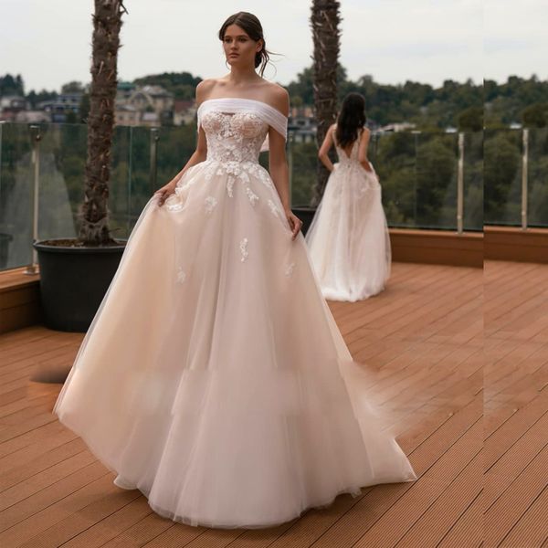 champagne lace appliques a line wedding dress with sweep train off shoulder bridal wedding gown tulle formal dresses for bride, White
champagne lace appliques a line wedding dress with sweep train off shoulder bridal wedding gown tulle formal dresses for bride, White
