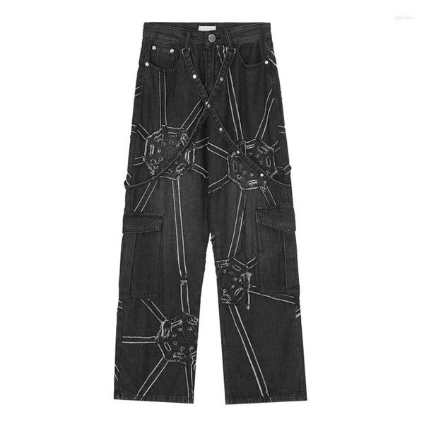men's jeans hi street black baggy casual pants harajuku streetwear net splicing washed denim trousers for male loose fit, Blue
men's jeans hi street black baggy casual pants harajuku streetwear net splicing washed denim trousers for male loose fit, Blue