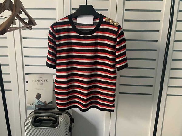 balman fashion short sleeve cotton linen t shirt loose stripe gold button pullover knitted t-shirt, White
balman fashion short sleeve cotton linen t shirt loose stripe gold button pullover knitted t-shirt, White