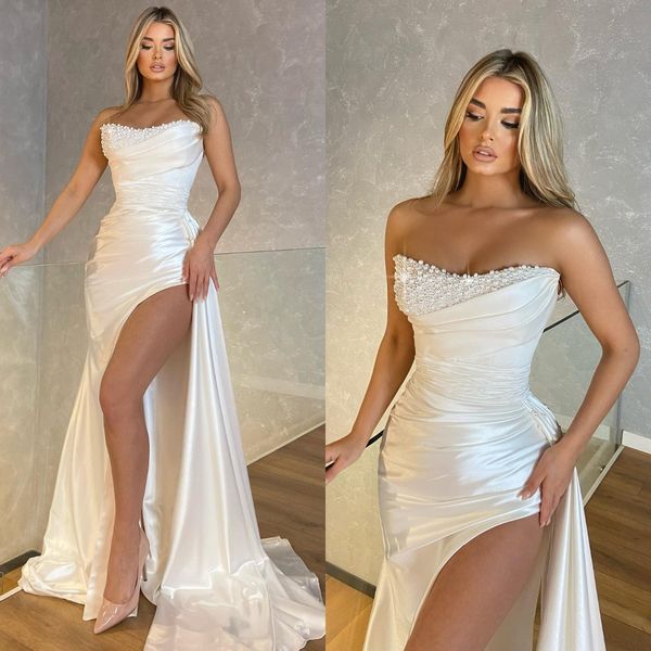elegant white evening dresses pearls strapless formal long party prom dress pleats thigh slit dresses for special occasion, Black;red
elegant white evening dresses pearls strapless formal long party prom dress pleats thigh slit dresses for special occasion, Black;red